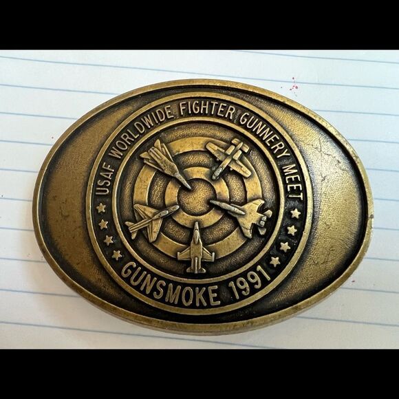 Vintage Gunsmoke 1991 USAF Worldwide Fighter Gunnery Meet Brass Belt Buckle - Picture 1 of 5